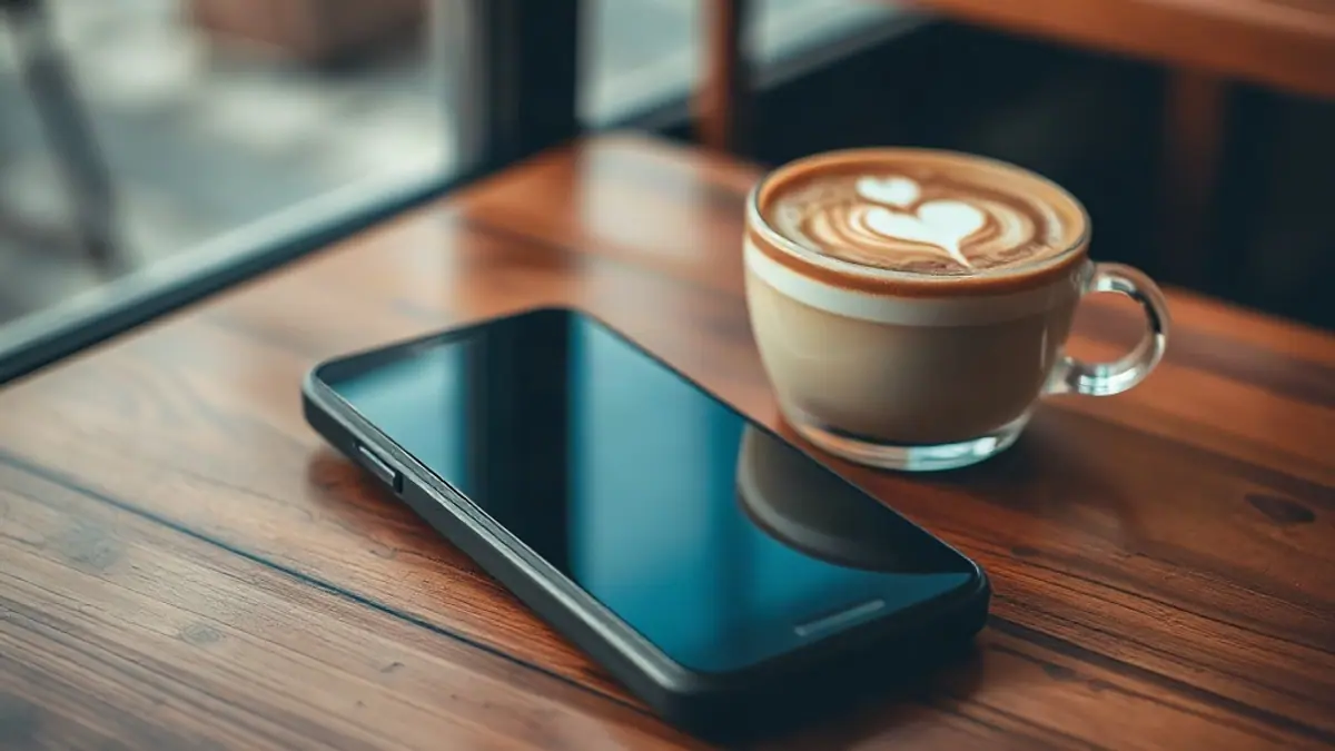 Illustration for a guide on how to reply flirtatiously: a smartphone face-up on a wooden café table beside a latte with foam art