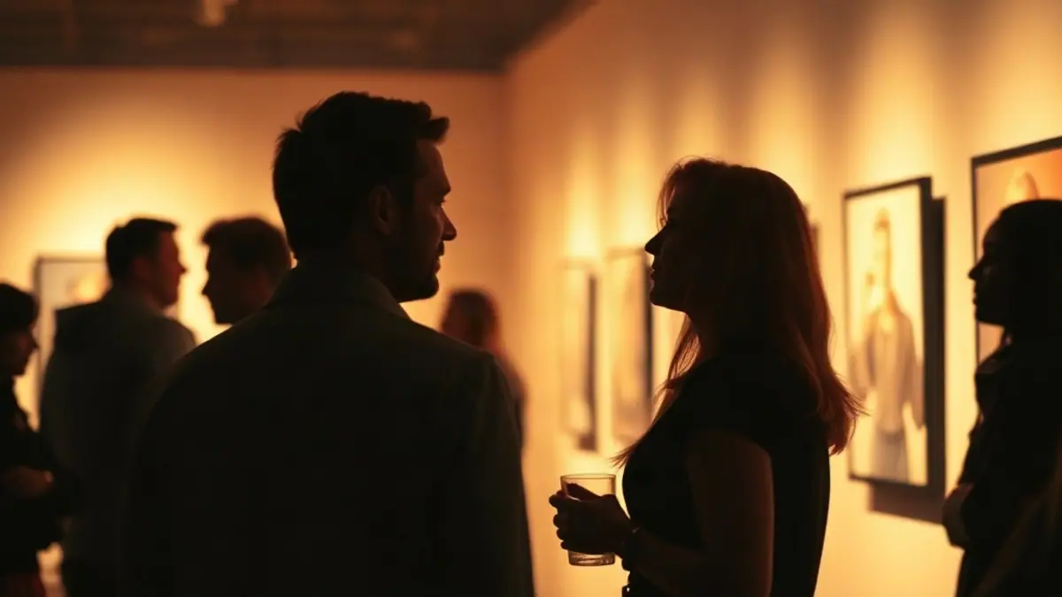 Illustration for a guide on how to show interest with body language: silhouettes of two adults talking at a gallery opening