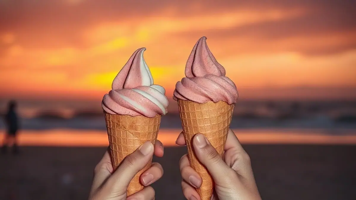 Illustration for a guide on how to show someone you like them: two scoops of ice cream in cones held up against a sunset beach sky