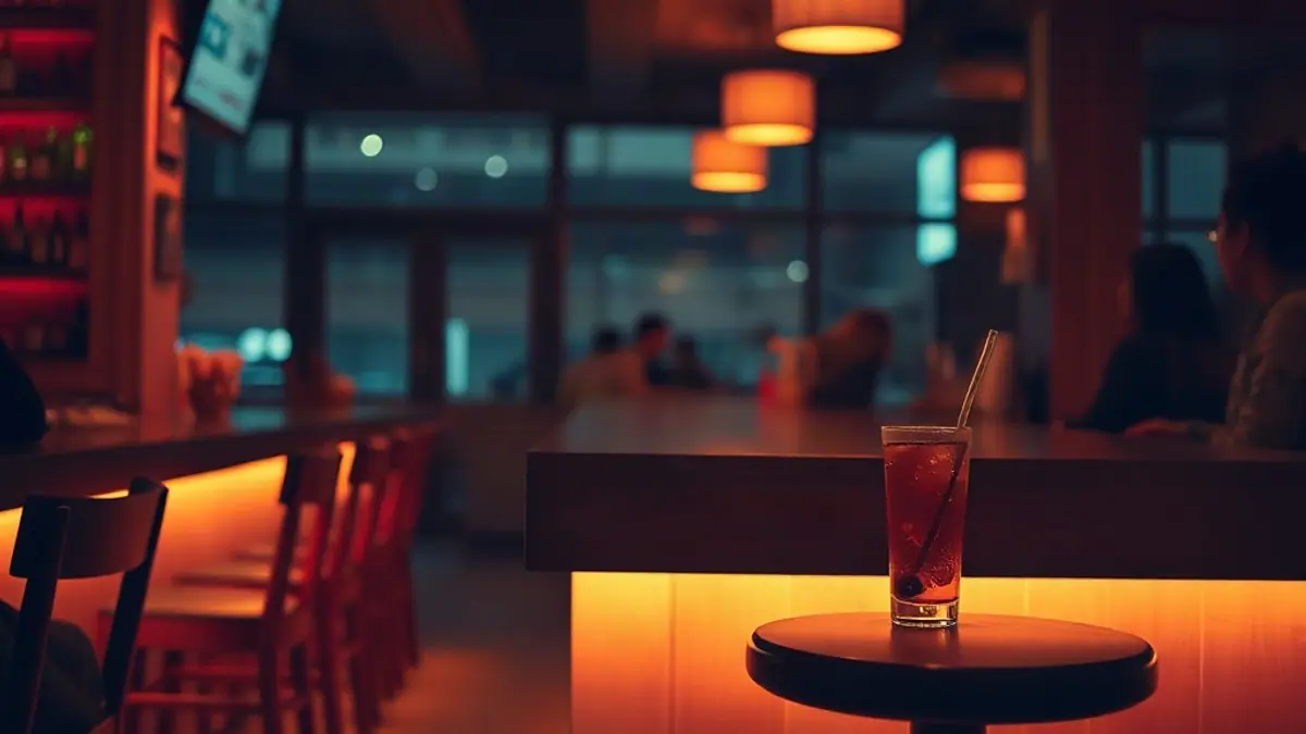 Illustration for a guide on how to stop being afraid to show interest: an empty stool at a warmly lit bar counter with a single drink