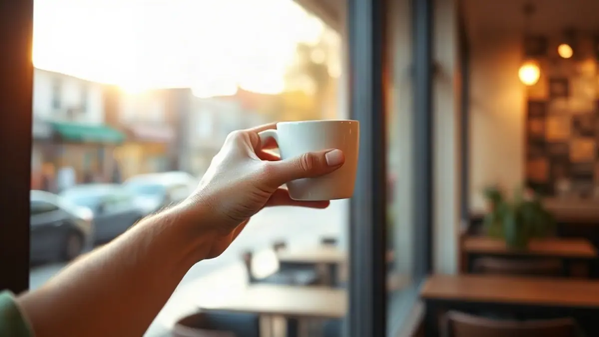 Illustration for a guide on how to stop being awkward when flirting: a hand holding a coffee cup while standing at a bright café window