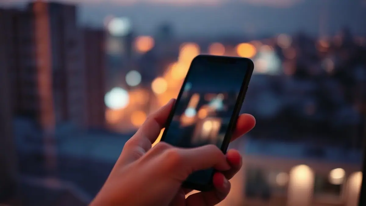Illustration for a guide on how to stop being boring over text: a hand holding a phone near a window at dusk