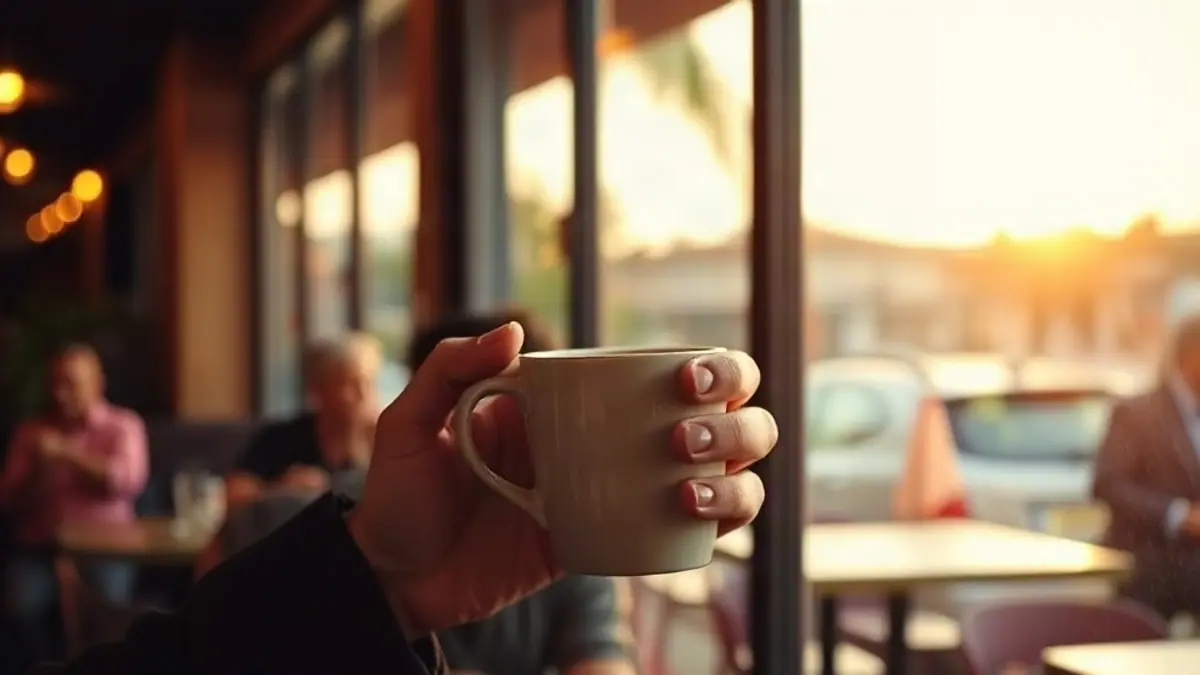 Illustration for a guide on how to stop being nervous around someone you like: a hand holding a coffee cup while standing at a bright café window