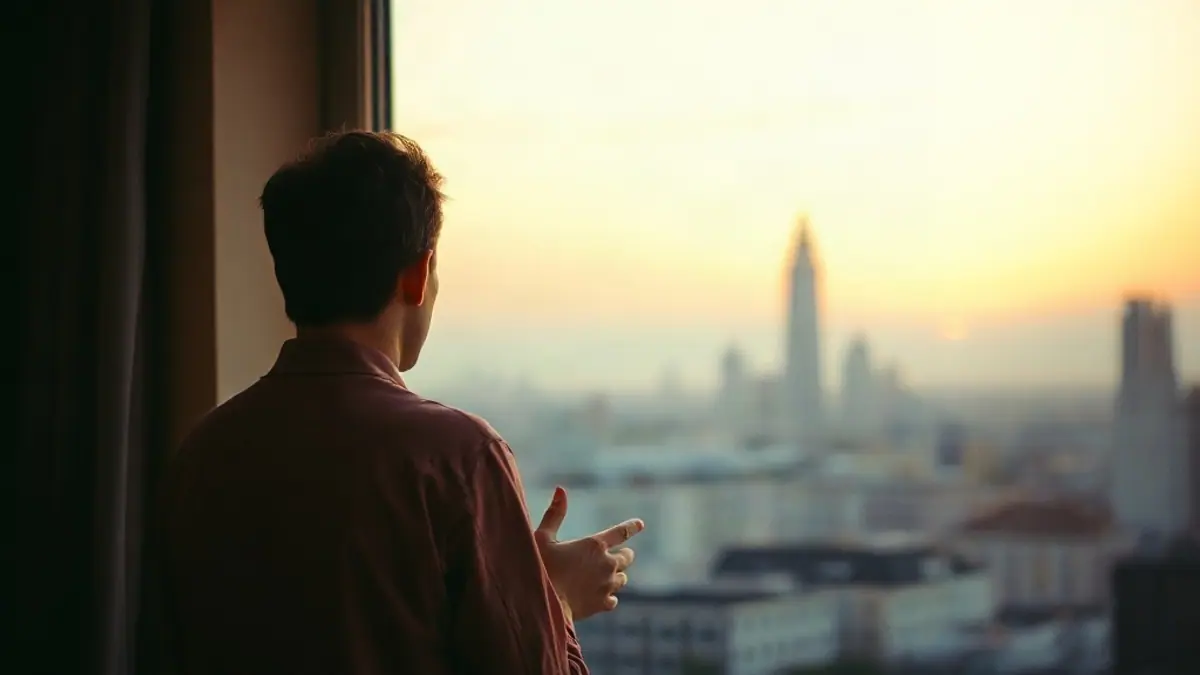 Illustration for a guide on I don't know how to flirt: a person seen from behind standing at a window overlooking a city at dusk