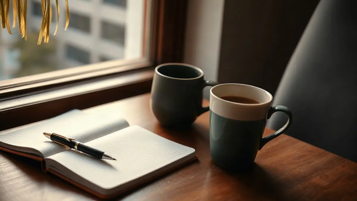 Illustration for a guide on how to tell if flirting is reciprocated: a notebook with a pen and a coffee cup beside a phone on a table