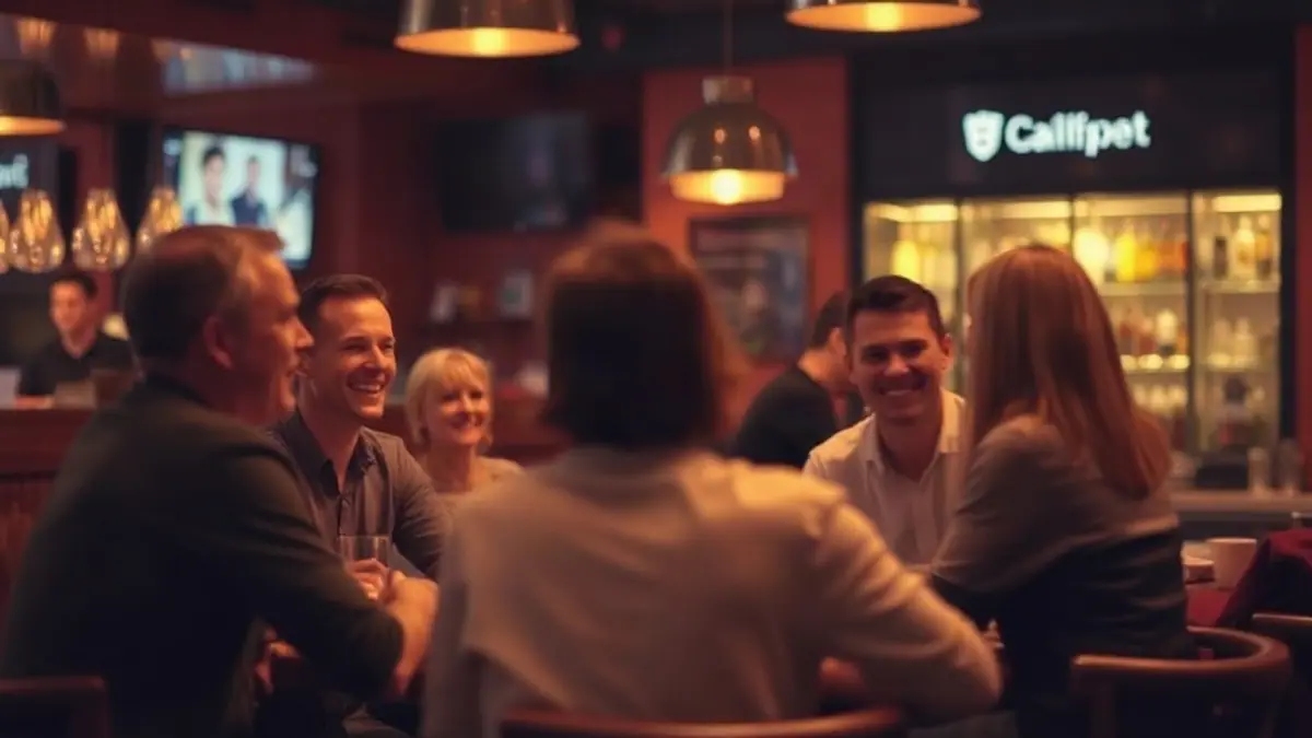 Illustration for a guide on is the bartender flirting or being friendly: a group of adult friends laughing around a table at a bar