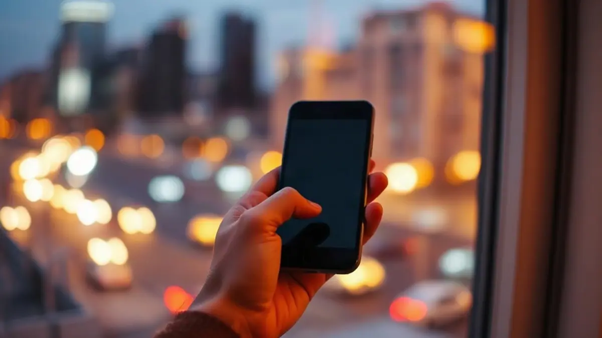 Illustration for a guide on make this text flirty: a hand holding a phone near a window at dusk