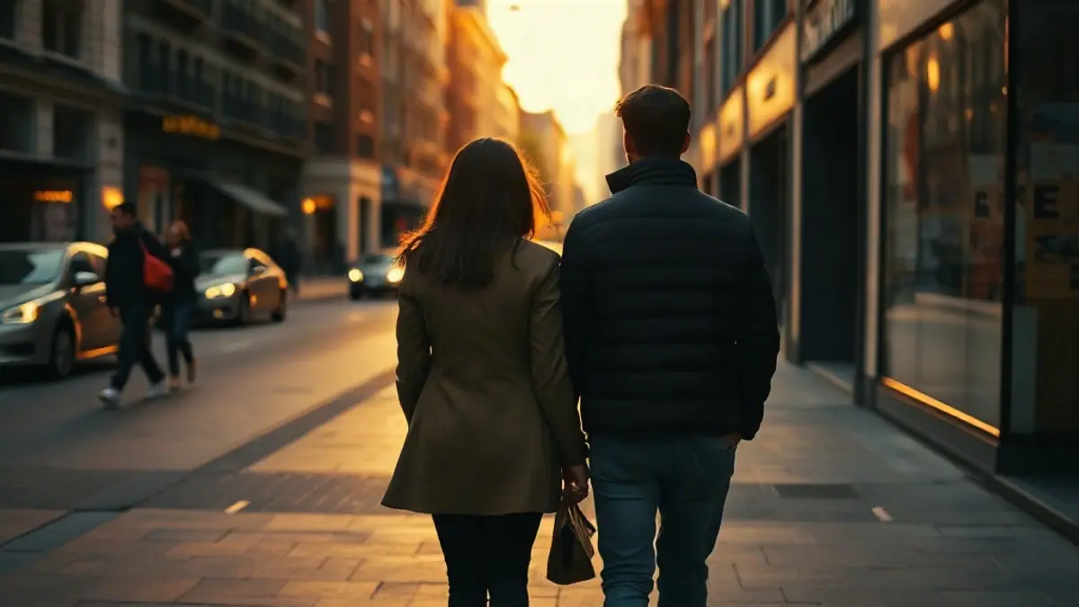 Illustration for a guide on pickup lines that aren't cringe: two people walking side by side on an autumn city sidewalk seen from behind