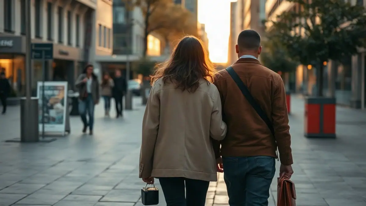 Illustration for a guide on questions to ask someone you like: two people walking side by side on an autumn city sidewalk seen from behind