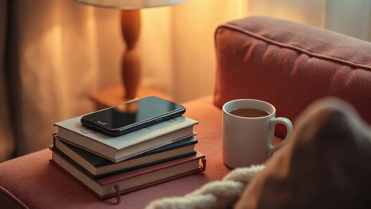 Illustration for a guide on should I double text: a phone resting on a stack of books next to a cup of tea on a cozy sofa arm