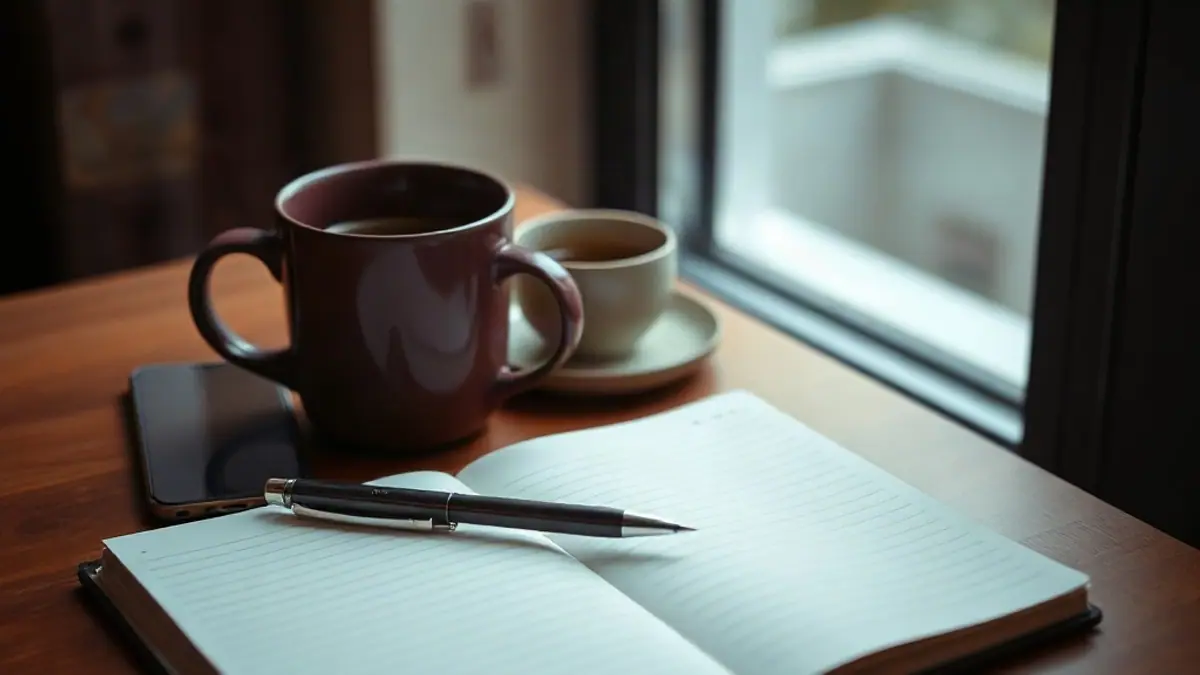 Illustration for a guide on signs he is flirting: a notebook with a pen and a coffee cup beside a phone on a table