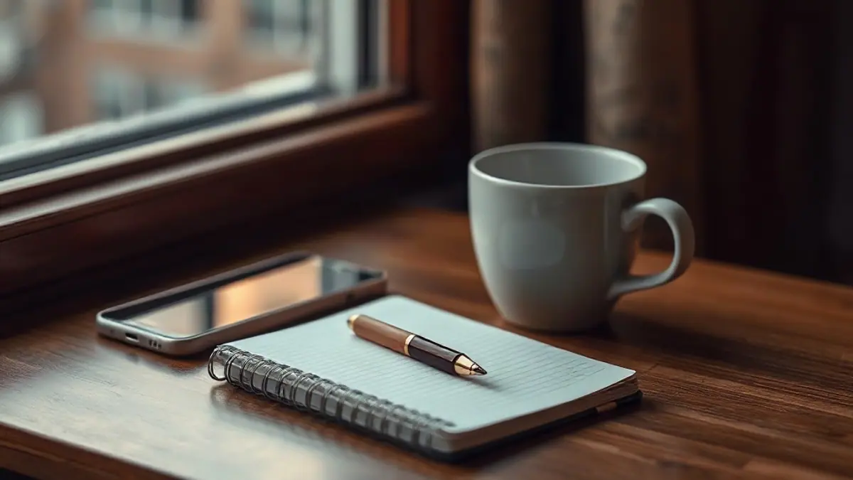 Illustration for a guide on signs he likes you: a notebook with a pen and a coffee cup beside a phone on a table