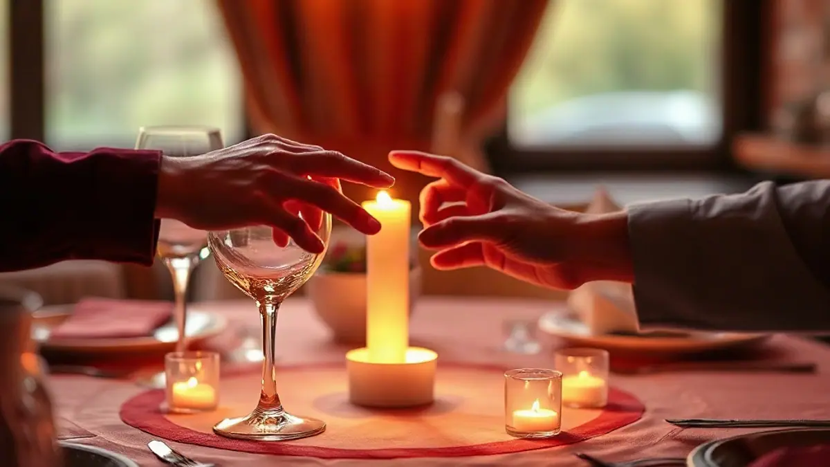 Illustration for a guide on signs of chemistry: two hands almost touching across a candlelit dinner table