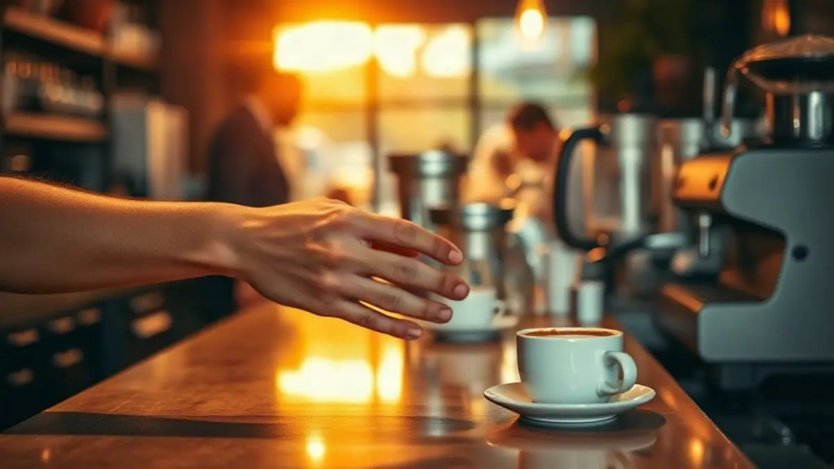Illustration for a guide on signs of mutual attraction: a busy café counter with two coffees being handed over