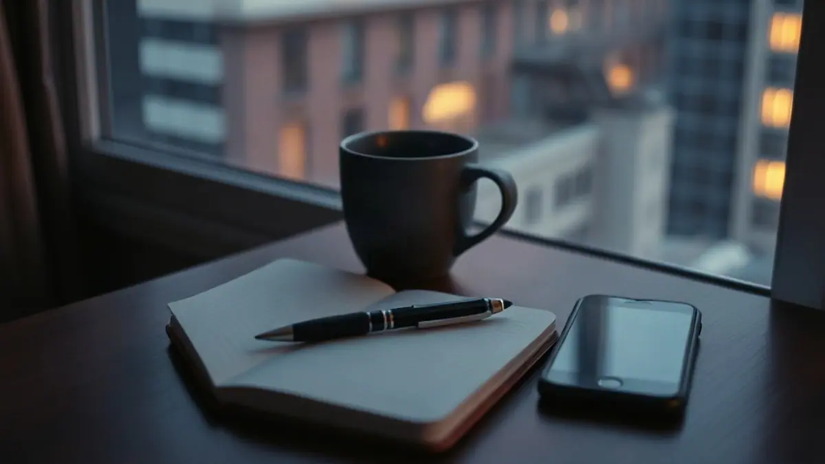 Illustration for a guide on signs she is flirting: a notebook with a pen and a coffee cup beside a phone on a table