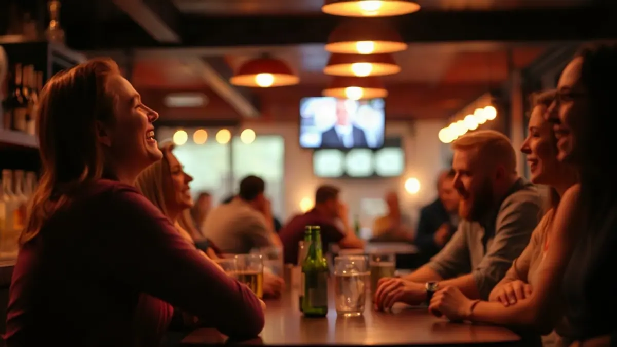 Illustration for a guide on signs she likes you: a group of adult friends laughing around a table at a bar
