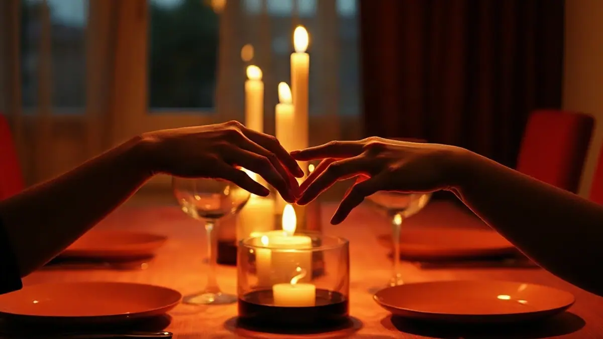 Illustration for a guide on what is sexual tension: two hands almost touching across a candlelit dinner table