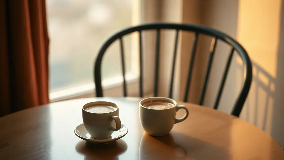 Illustration for a guide on what to say after rejection: two coffee cups on a table with one chair pushed back politely
