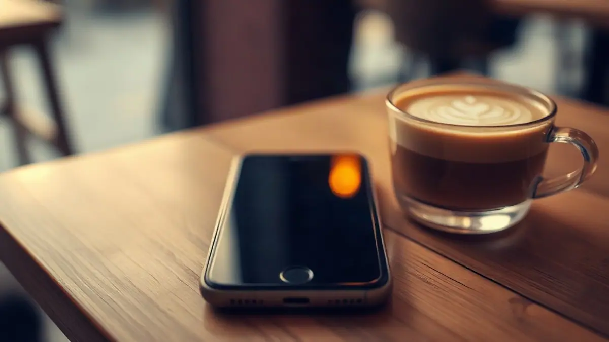 Illustration for a guide on what to text after a first date: a smartphone face-up on a wooden café table beside a latte with foam art