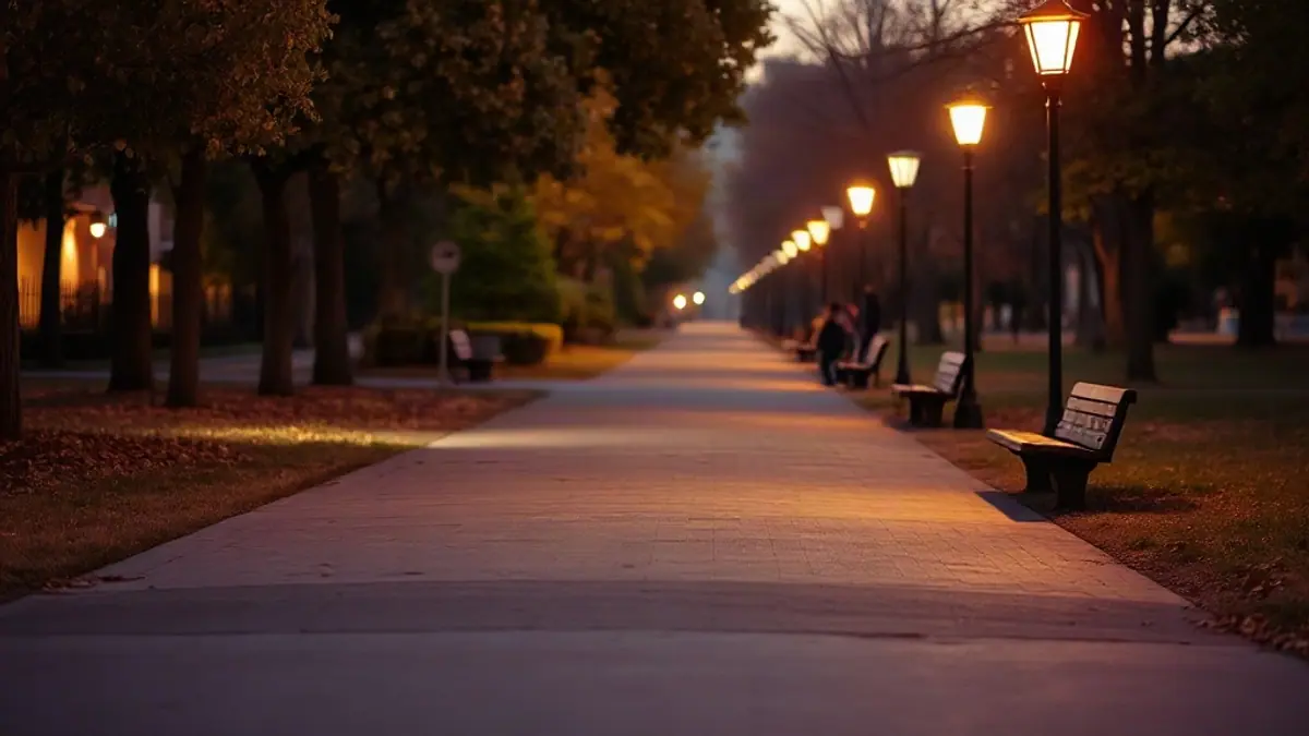Illustration for a guide on when to stop flirting: a calm city park path at dusk with benches and soft lamp light