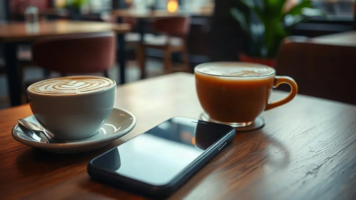 Illustration for a guide on why does texting feel like an interview: a smartphone face-up on a wooden café table beside a latte with foam art